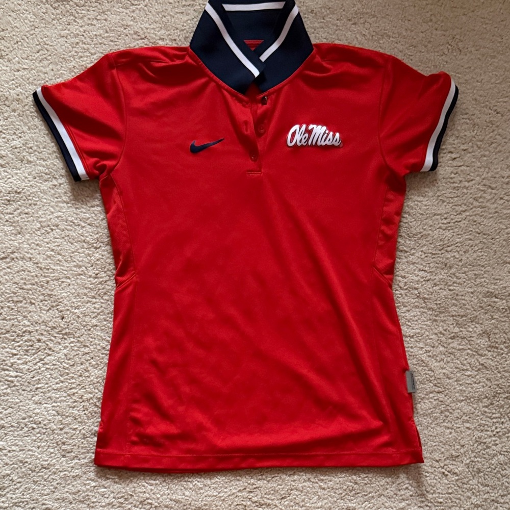 Nike Red Women's Polo with Navy Trim and Ole Miss Script - Size M